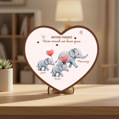 Personalized Names Elephant Mama & Kids Design Heart Frame with Stand, Wooden Ornament, Home Decor, Birthday/Mother’s Day Gift for Wife/Mom/Grandma