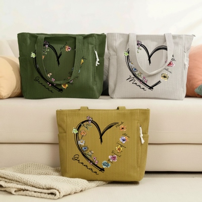 Personalized Heart Watercolor Birth Flowers Corduroy Tote Bag with Names, Zippered Handbag with Pockets, Birthday/Mother’s Day Gift for Mom/Grandma