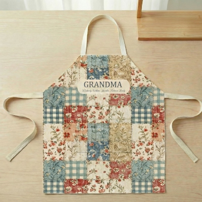 Custom Names Grandmother Vintage Floral Quilted Patchwork Apron, Cooking Apron with Pocket & Waist Strap, Birthday/Mother’s Day Gift for Grandma