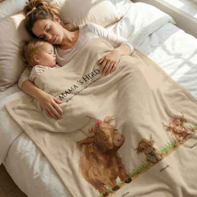 Custom Names Highland Cow Family Blanket, Flannel/Sherpa Throw for Bed Couch, Home Decor, Birthday/Mother’s Day Gift for Mom/Grandma
