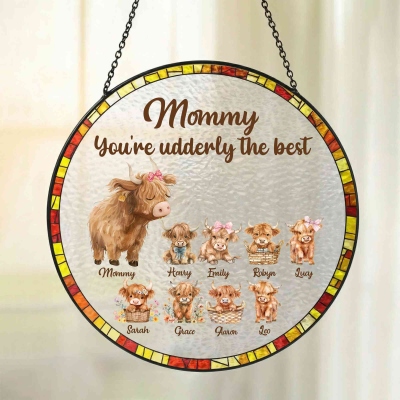 Personalized Names Highland Cow Family Stained Glass Suncatcher, Colorful Window Hanging, Birthday/Mother’s Day Gift for Mom/Grandma