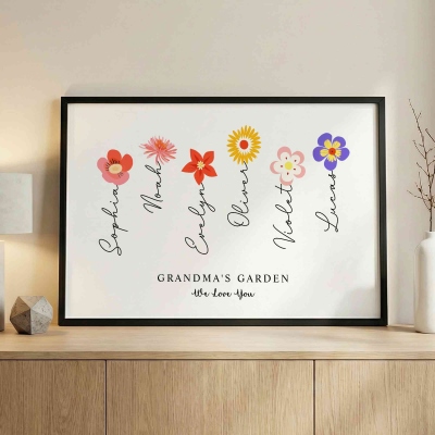 Personalized Names Colorful Birth Flowers Grandma’s Garden Wall Art, Family Floral Canvas Painting Sign, Birthday/Mother’s Day Gift for Mom/Grandma