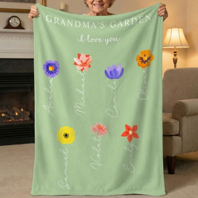 Custom Names Colorful Birth Flowers Grandma’s Garden Blanket, Flannel/Sherpa Bed Couch Throw, Home Decor, Birthday/Mother’s Day Gift for Mom/Grandma