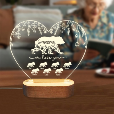 Personalized Floral Bear Family Heart Night Lamp with Names, Night Light with Wooden Base, Home Decor, Birthday/Mother's Day Gift for Family/Mom