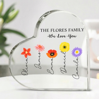 Personalized Names Colorful Birth Flowers Grandma’s Garden Heart-Shaped Acrylic Plaque, Desk Decor, Birthday/Mother’s Day Gift for Mom/Grandma