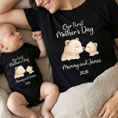 Custom Names Our First Mother’s Day Parent-Child Matching Shirts, Cartoon Bear Mama & Kid Mom T-Shirt & Baby Bodysuit Set, Gift for Newborns/New Mom