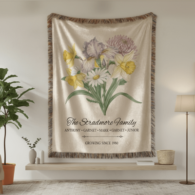 Personalized Names Family Birth Flower Bouquet Blanket with Tassels, Flannel Bed Couch Throw, Home Decor, Birthday/Mother’s Day Gift for Mom/Grandma