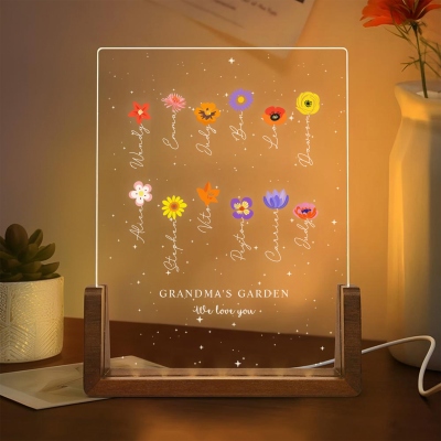 Custom 1-12 Names & Birth Flowers Grandma’s Garden LED Night Light, Acrylic Night Lamp with Wooden Base, Birthday/Mother’s Day Gift for Mom/Grandma