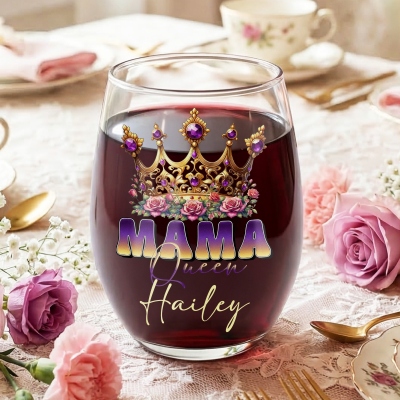 Personalized MAMA Queen Rose Crown Wine Glass with Name, 15oz Stemless Glass, Home Bar Drinkware, Birthday/Mother's Gift for Wine Lovers/Mom/Her