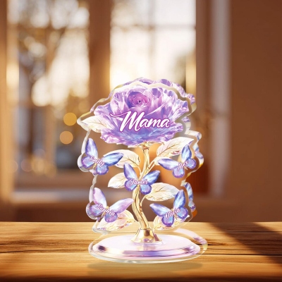 Personalized Mom Rose & Butterflies Plaque with 1-5 Names, Acrylic Romantic Family Keepsake, Desk Decor, Birthday/Mother's Day Gift for Mom/Grandma