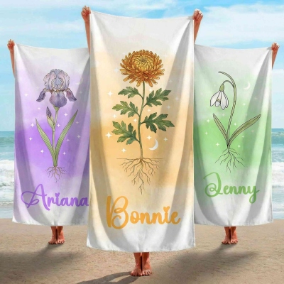 Custom Name Shining Birth Flower Beach Towel, Quick Dry Microfiber Pool Towel, Vacation/Beach Party Favor, Birthday Gift for Mom/Girlfriend/Women