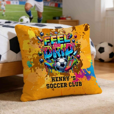 Custom Name Graffiti Feel the Drip Soccer Throw Pillow Cover, Football Club Pillowcase with Optional Insert, Game Day Gift for Soccer Lovers/Players