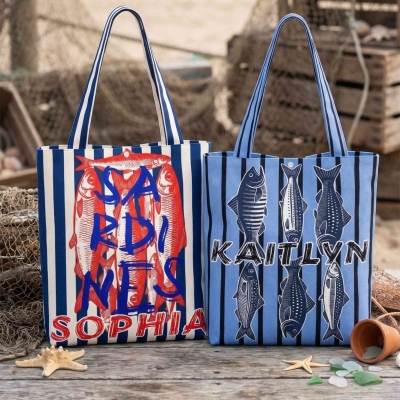 Personalized Name Sardines Stripe Beach Tote Bag, Canvas Large Capacity Handbag, Summer Vacation/Beach Travel Bag, Gift for Fishing Lovers/Friends