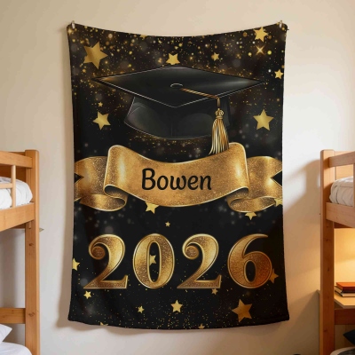 Personalized Black Graduation Cap Gold Scroll Blanket with Name & Year, Flannel/Sherpa Throw for Bed Couch, Graduation Keepsake, Gift for Graduates