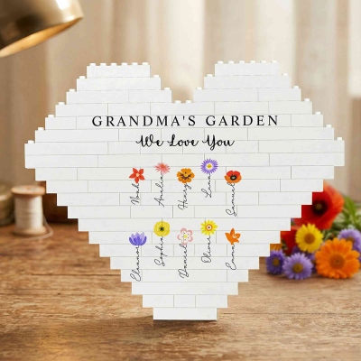 Custom Names Colorful Birth Flowers Grandma’s Garden Heart-Shaped Building Block, Family Brick Puzzles, Birthday/Mother’s Day Gift for Mom/Grandma