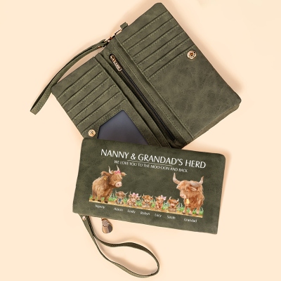 Personalized Names Highland Cow Family Tri-Fold Wallet, Leather Wallet Card Phone Holder with Wrist Strap, Birthday/Mother's Day Gift for Mom/Grandma