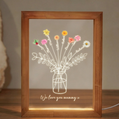 Personalized Names Birth Flowers Vase LED Night Light with Wooden Frame, Acrylic Table Night Lamp, Home Decor, Mother’s Day Gift for Wife/Mom/Grandma