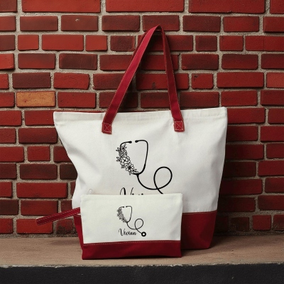 Personalisiertes Stethoskop-Canvas-Taschenset mit Blumenmuster und Namen, mehrfarbige, wiederverwendbare Arbeitstasche &amp; Etui, Geschenk zur Wertschätzung/zum Studienabschluss für Krankenschwestern