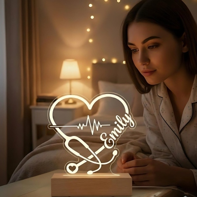 Custom Name Line Art Heart Stethoscope LED Night Light, Acrylic Night Lamp with Wooden Base, Appreciation/Graduation Gift for Nurses/Medical Staff