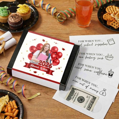 Custom Photo & Name Balloons Design Gift Card Money Survival Box, Class of 2026 College Care Package with 20 Cards, Gift for High School Graduates