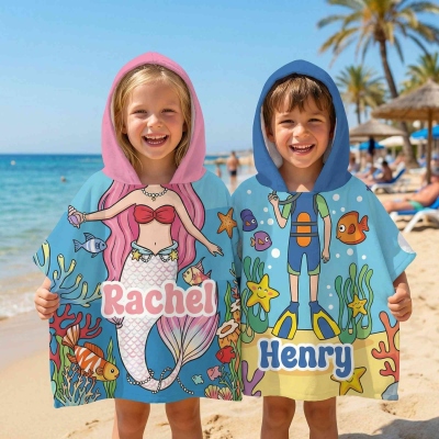 Personalized Name Mermaid/Princess/Dinosaur/Diver Cartoon Character Hooded Beach Towel, Quick Dry Microfiber Towel, Pool Party Favor, Gift for Kids