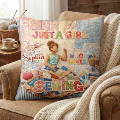 Personalized Just A Girl Who Loves Sewing Vintage Throw Pillow Cover with Name, Pillowcase with Optional Insert, Birthday Gift for Sewing Lovers