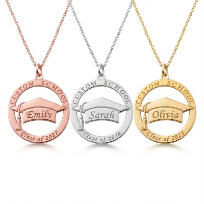 Individuell gravierte Halskette mit Absolventenhut-Motiv und Geburtsstein, minimalistischer Anhänger zur Erinnerung an den Schulnamen, Andenken an High School und College, Geschenk für Absolventen