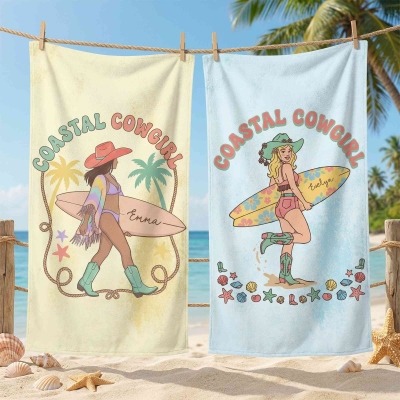 Personalized Name Boho Flirty Cowgirl Beach Towel, Quick Dry Microfiber Sand Towel, Summer Vacation/Beach Party Favor, Birthday Gift for Besties/Girls
