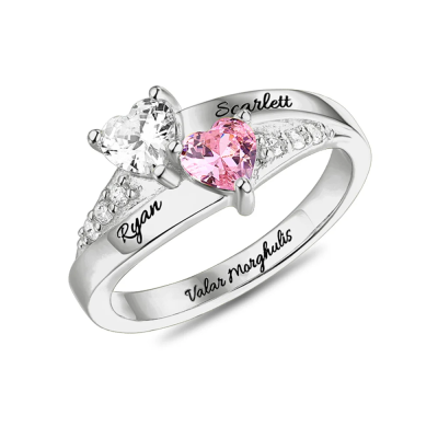 Engraved Double Heart Birthstone Ring Sterling Silver