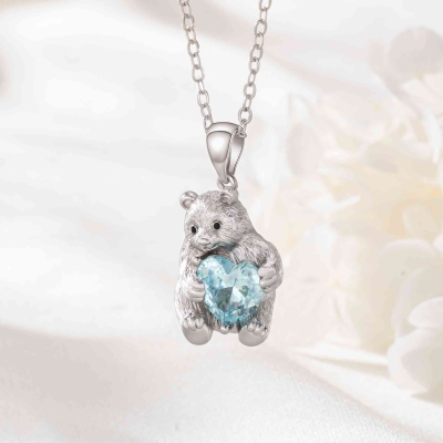 Personalized Mama Bear Necklace with Heart Birthstone, Sterling Silver 925 Dainty Birthstone Jewelry, Birthday/Mother’s Day Gift for Wife/Mom/Grandma