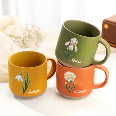 Personalized Name Mother of Pearl Effect Birth Flower Pottery Mug, 12oz Ceramic Coffee Tea Mug, Birthday/Mother's Day Gift for Her/Mom/Grandma/Women