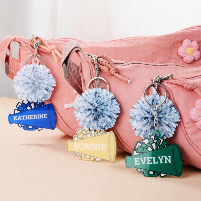 Personalized Name Cheer Megaphone & Pom Pom Keychain, Multicolor Cheerleading Bag Charm, End of Season/Birthday Gift for Cheerleaders/Teammates