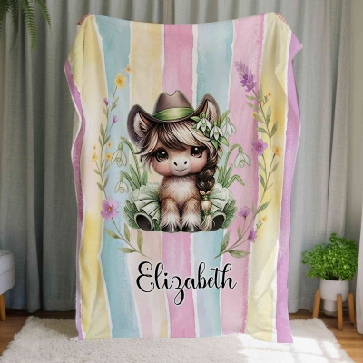 Personalized Name Birth Flower Cartoon Cowgirl Horse Blanket, Flannel/Sherpa Throw for Bed Couch, Home Decor, Birthday Gift for Girls/Horse Lovers