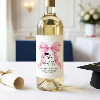 Personalized Bow She Did It Graduation Wine Stickers with Name & Year, Waterproof Wine Bottle Labels, Graduation Party Favors, Gifts for Graduates