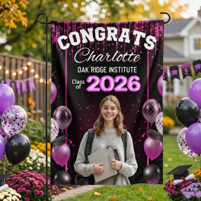 Custom Photo & Name Balloon Congrats Graduation Garden Flag, Class of 2026 Grad Party Decor, Outdoor Yard Flag, Gift for High School/College Graduates