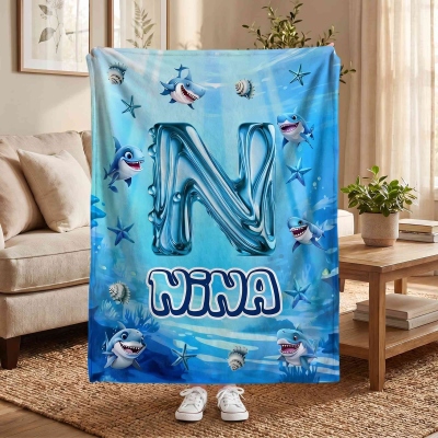 Personalized Underwater World Alphabet Blanket with Name, Flannel/Sherpa Throw for Bed Couch, Home Decor, Birthday/Christmas Gift for Kids/Toddlers