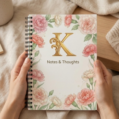 Personalized Watercolor Birth Flower Gold Monogram Notebook, Elegant A5 Spiral Journal with Text, Birthday/Mother's Day Gift for Mom/Graduates/Her