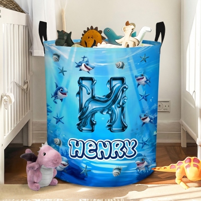 Custom Name Underwater World Alphabet Collapsible Storage Basket with Handles, Large Capacity Toy Laundry Basket, Birthday Gift for Kids/Toddlers