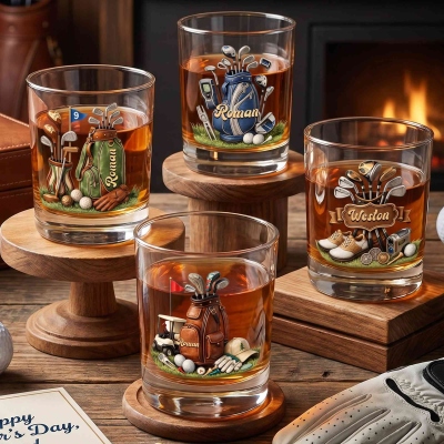 Custom Name Golf Cart Bag & Clubs Design Whiskey Glass, 10oz Bourbon Old Fashioned Glass, Birthday/Father's Day Gift for Him/Dad/Grandpa/Golf Lovers