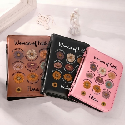 Personalized Name Woman of Faith Inspirational Bible Verse Daisies Bible Cover, Leather Book Bible Case with Handle & Zipper, Gift for Christian Women