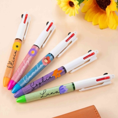 (Set of 2pcs)Custom Name Colorful Birth Flower Retractable Three-Color Glitter Pens, 3-in-1 Ballpoint Pens, Appreciation/Grad Gifts for Nurses/Doctors