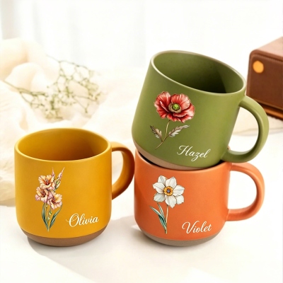 Personalized Vintage Hand-Drawn Birth Flower Mug with Name, 12oz Matte Ceramic Daily Coffee Tea Mug, Birthday/Mother's Day Gift for Her/Mom/Grandma