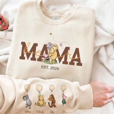 Personalized Classic Winnie the Pooh Design T-shirt/Sweatshirt with Names & Year, Multicolor Crewneck Top, Birthday/Mother’s Day Gift for Mom/Grandma