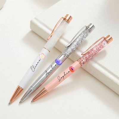 (Set of 2pcs)Custom Name Colorful Birth Flower Gel Pens, Click Bling Dynamic Quicksand Ballpoint Pens, Graduation/Birthday Gifts for Nurses/Doctors