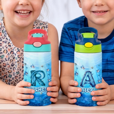 Personalized Name Underwater World Alphabet Water Bottle, Stainless Steel 12oz Tumbler with Straw & Lid, Back to School/Birthday Gift for Kids
