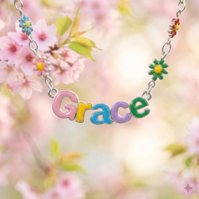 Personalized Spring Pastel Name Necklace with Daisy Chain, Colorful Dainty Floral Jewelry, Spring Party Favor, Birthday Gift for Girls/Besties/Women