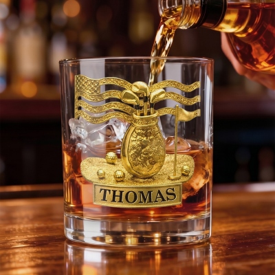 Personalized Name Gold Golf Design Whiskey Glass, 10oz Bourbon Old Fashioned Glass, Birthday/Father's Day Gift for Him/Dad/Grandpa/Golf Lovers