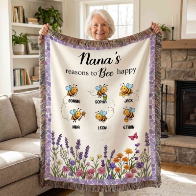 Personalized Names Mama’s Bee Garden Blanket with Tassels, Flannel Bed Couch Throw, Home Decor, Birthday/Mother’s Day Gift for Wife/Mom/Grandma