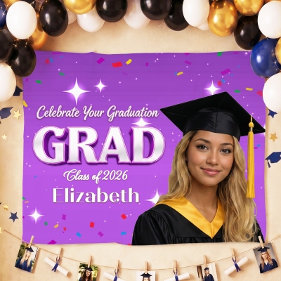 Custom Photo Shiny Congrats Graduation Backdrop with Name & Year, Colorful Class of 2026 Graduation Party Wall Banner, Gift for Graduates/Students