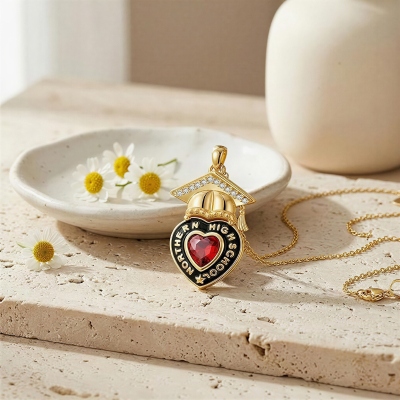 Custom Birthstone Grad Cap Zircon Heart Necklace with Name, Dainty Sterling Silver 925 High School/College Jewelry, Celebration Gift for Graduates